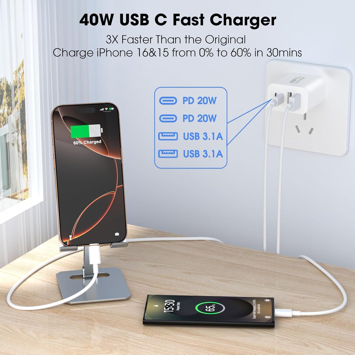 USB C Charger Block, 2 Pack 40W 4-Port iPhone Charger Fast Charging Multiport PD 3.0 & QC 4.0 Double Quick Charge, Compatible with iPhone 16/15/14/13/12/11，Pro Max，iPad, Samsung (White)