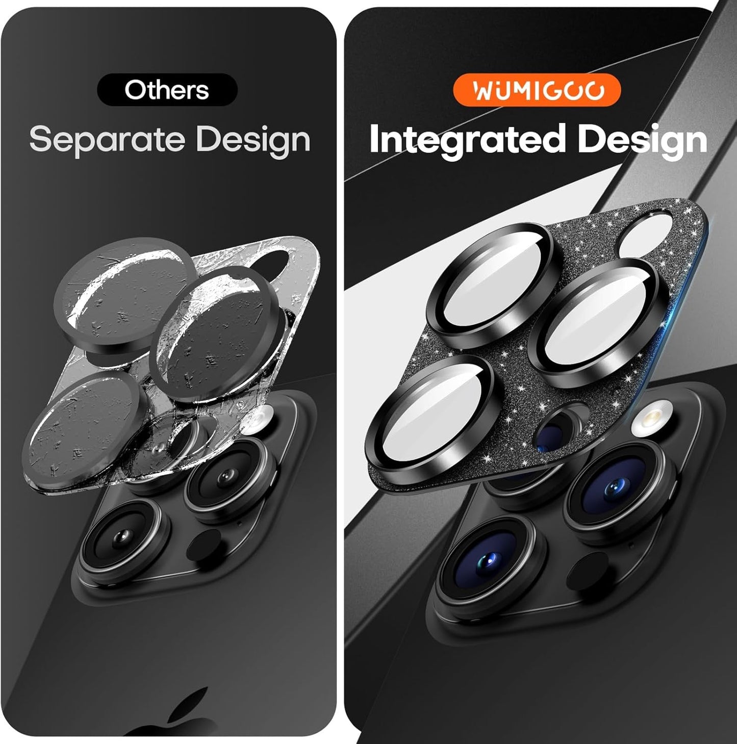 Camera Lens Protector for iPhone 16 Pro Max/16 Pro/15 Pro Max/15 Pro/14 Pro Max/14 Pro, Aluminum Alloy Sapphire Glass Camera Screen Cover, Case Friendly- Glitter Black