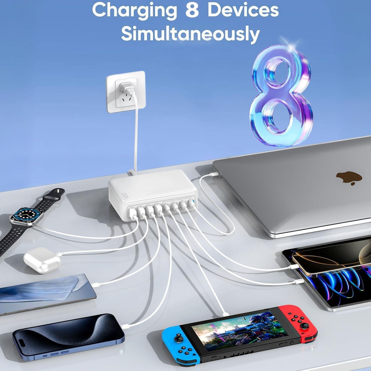 USB C Charger Block Charging Station - 200W Fast GaN 8-Port Multiple USB Charging Hub,65W Laptop Charger Compatible with MacBook Pro/Air,iPad,iPhone 16/15/14, Samsung S25/24,DELL,Steam Deck,5ft Cord