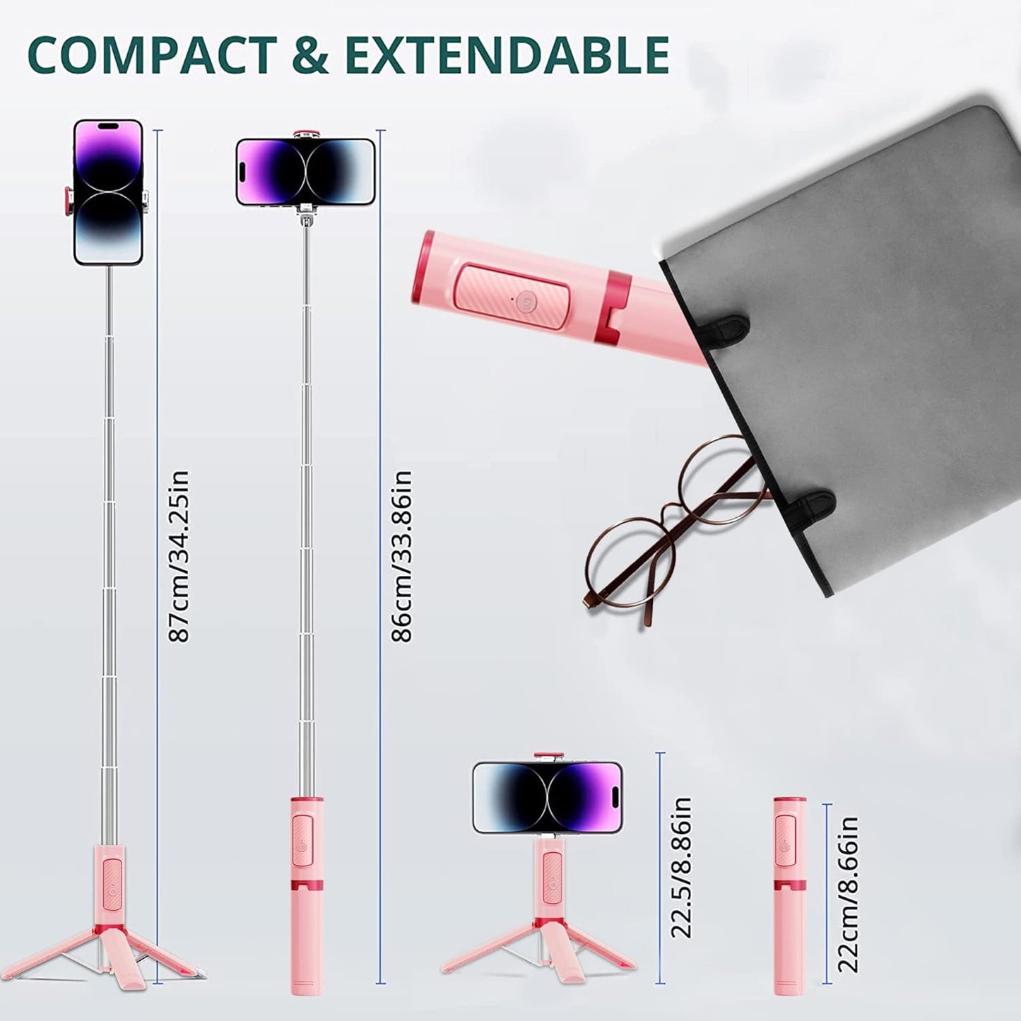 Selfie Stick, Foldable Cellphone Tripod with Remote, Travel Tripod for iPhone Series Android, Video Recording - Pink