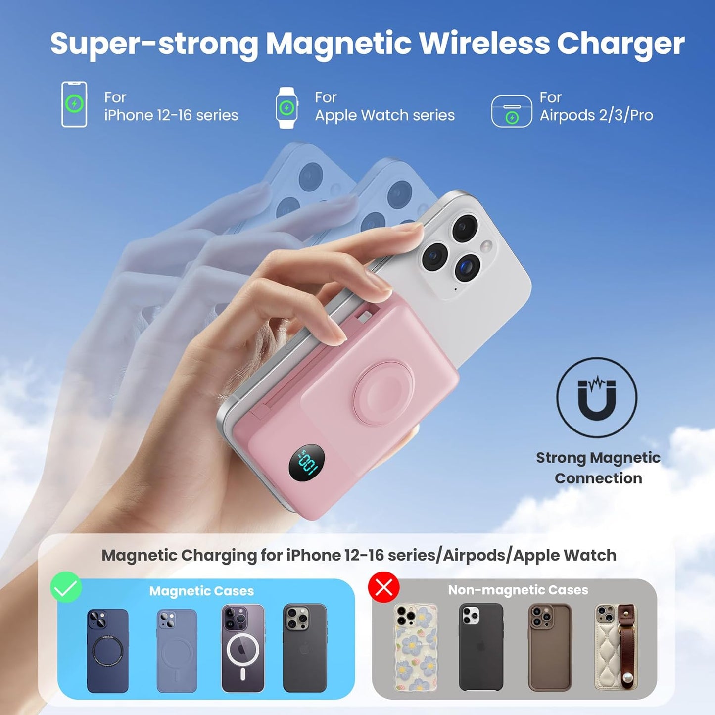 Magnetic Portable Charger 10800mAh with Built-in Cables, 6-in-1 Wireless Power Bank with iWatch Charger, 25W PD Fast Charging USB C Battery Pack for iPhone 16/15/14/13/12,Apple Watch(Pink)