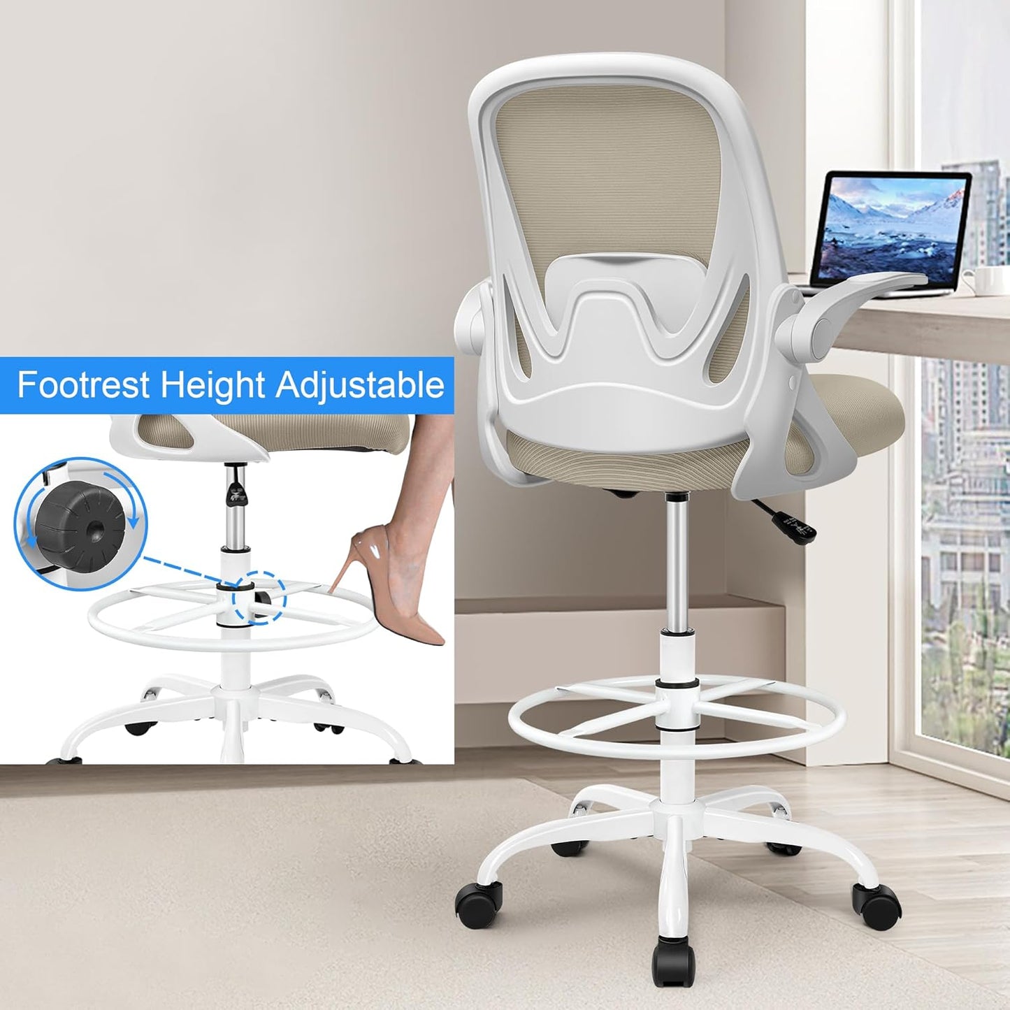 Drafting Chair Tall Office Chair with Flip-up Armrests, Adjustable Height, and Enhanced Lumbar Support - Ergonomic Rolling Stool, Back Support, and Adjustable Foot Rest Ring for Standing Desk Khaki