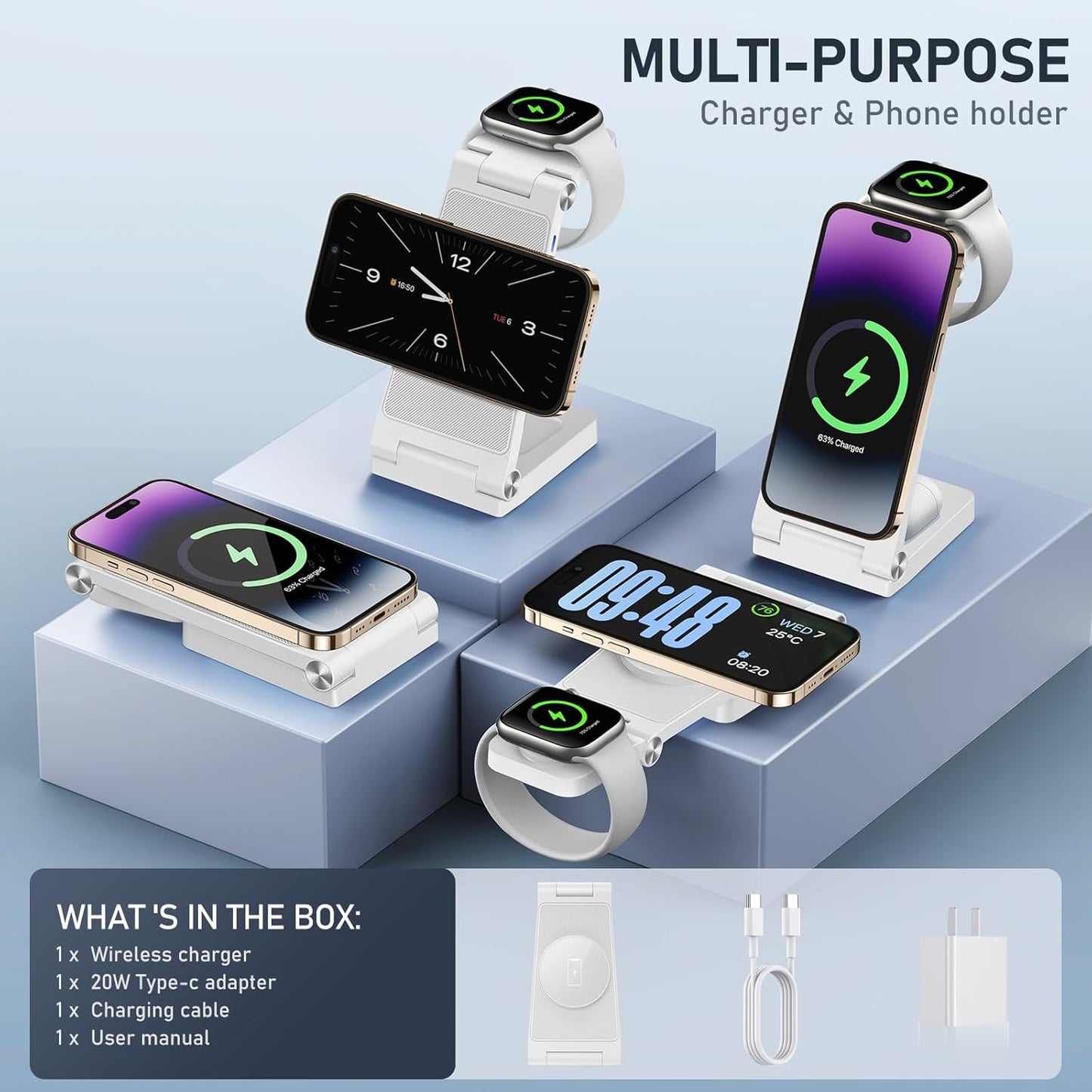 Magnetic Wireless Charger Stand, 3 in 1 Foldable Wireless Charging Station, Travel Charger for Multiple Devices for iPhone 16 15 14 13 12 Series, Apple Watch Ultra/SE/9/8/7/6/5/4/3/2, AirPods