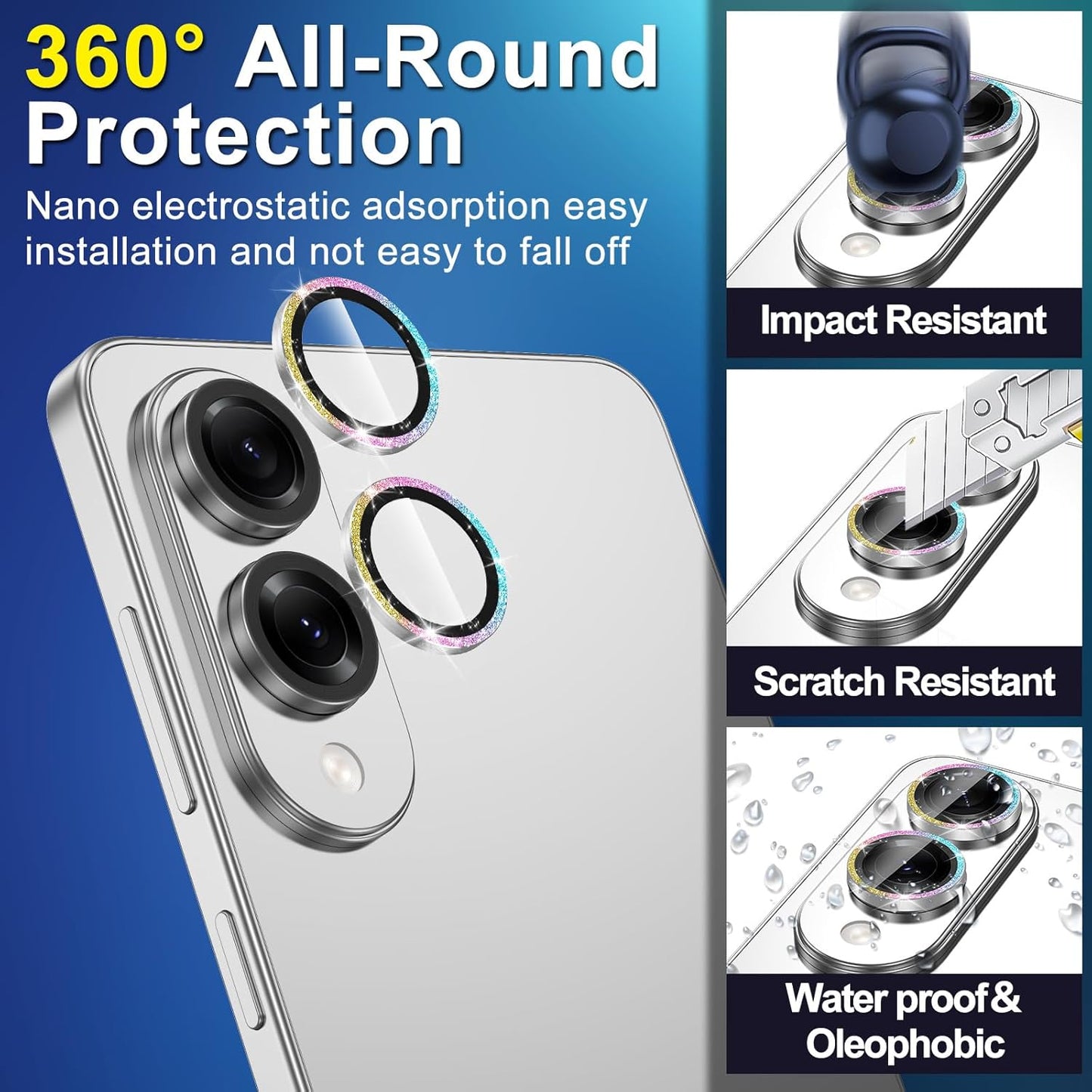 for Samsung Galaxy S25 Edge Camera Lens Protector, Individual Metal Ring Tempered Glass Lens Cover, [Strong Adsorption] Scratch Resistant Ultra-Thin HD Clear Lens Cover, 1 Set-Colorful Sparkly