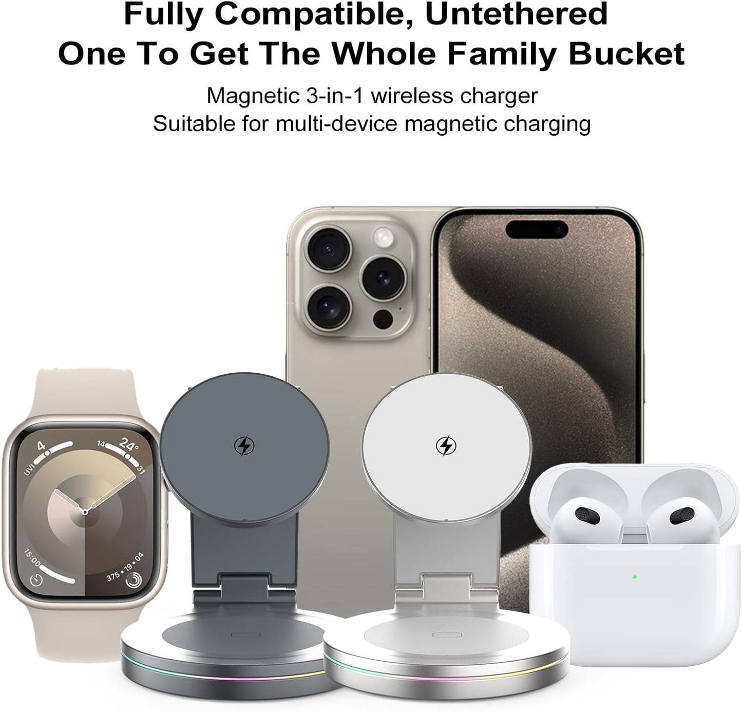 Foldable 360º Rotatable Zinc Alloy 3-in-1 Magnetic Wireless Charger,3 in 1 Charging Station,Charging Stand,15W for iPhone 12-16,for Apple Smartwatches, AirPods (Adapter Included) (White)
