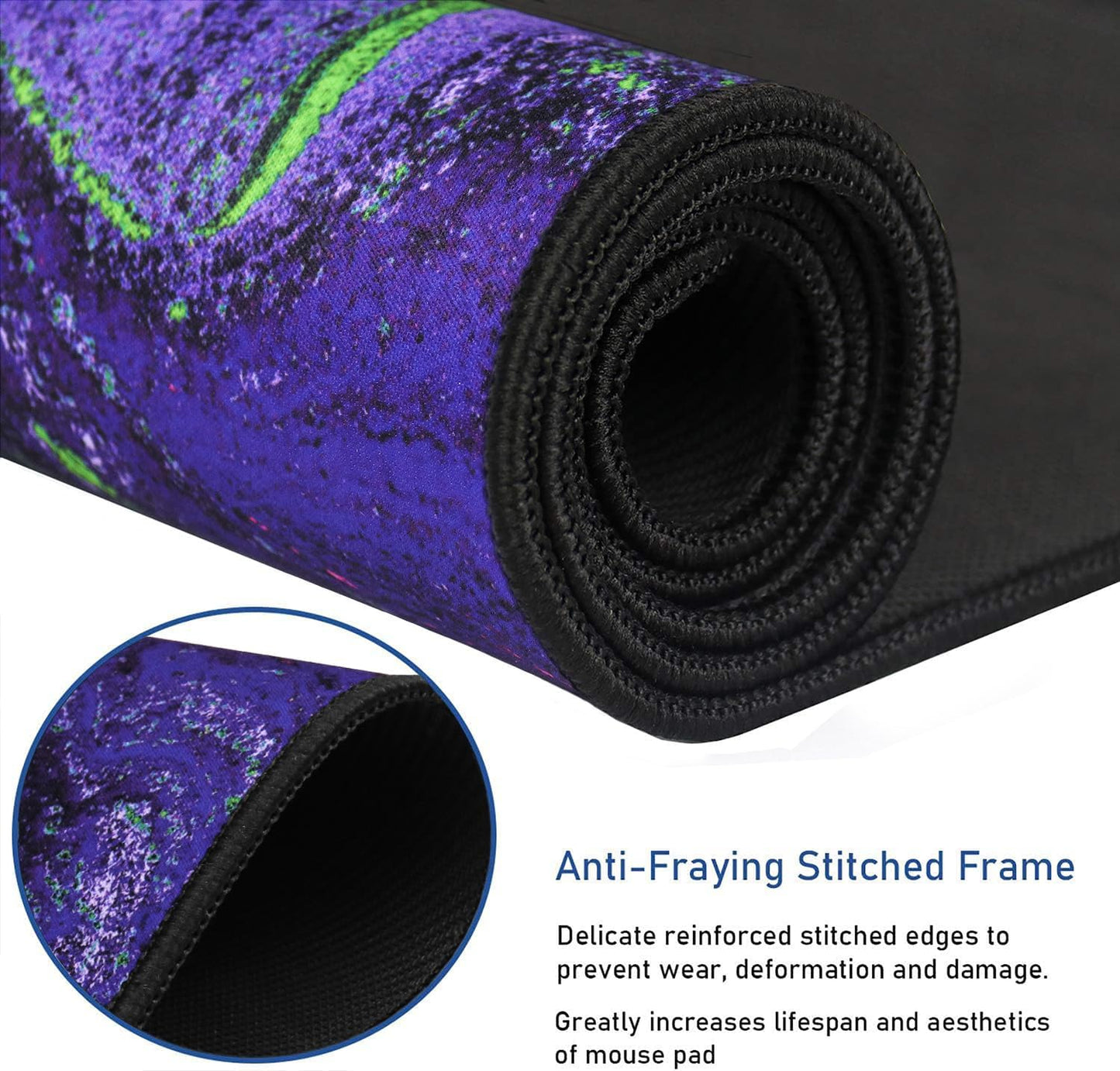 Large Mouse Pad with Stitched Edges, Durable Non-Slip Natural Rubber Base, Waterproof Computer Keyboard Pad Mat for Esports Pros/Gamer/Desktop/Office/Home - Purple Green