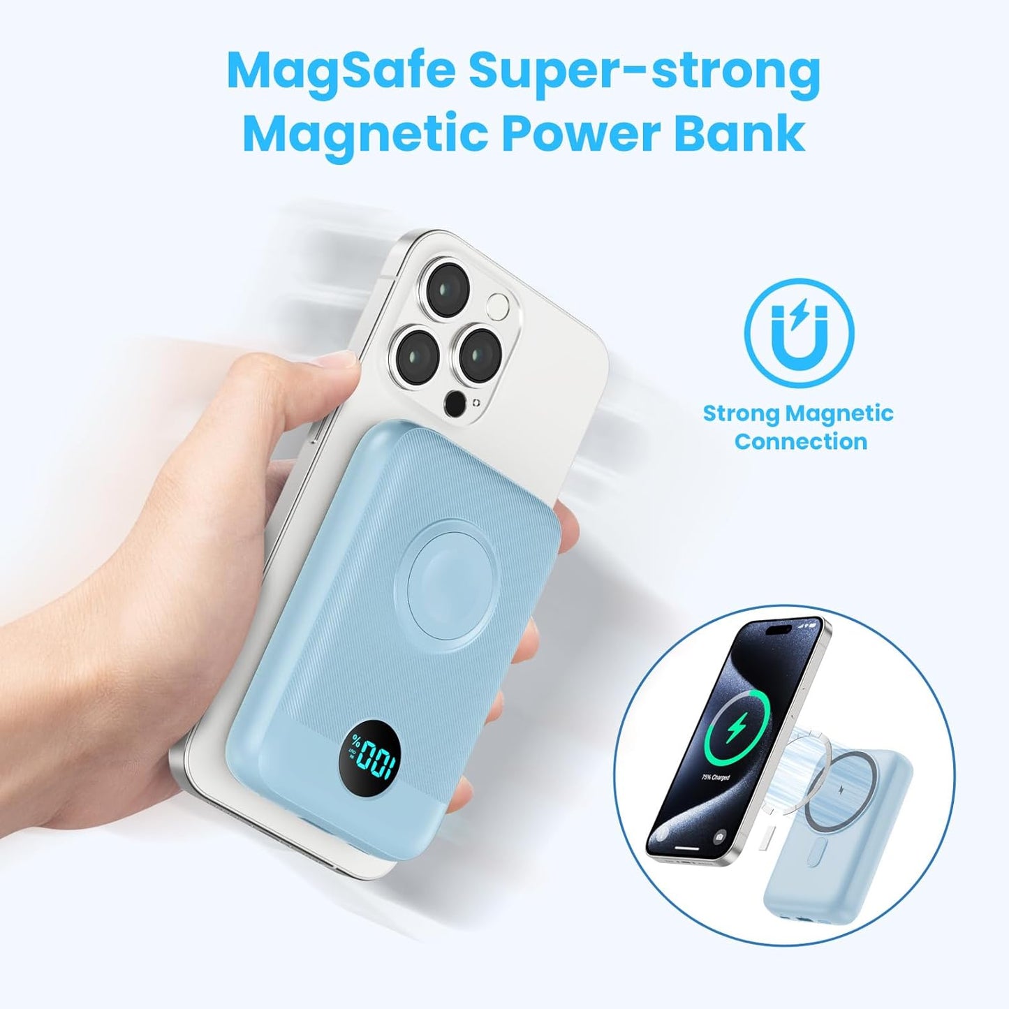 Magnetic Portable Charger 10800mAh,4-in-1 Wireless Power Bank with iWatch Charger, QC4.0+20W PD Fast Charging USB C Battery Pack with LCD Display for Magsafe,iPhone 16/15/14/13,Apple Watch, Sky Blue
