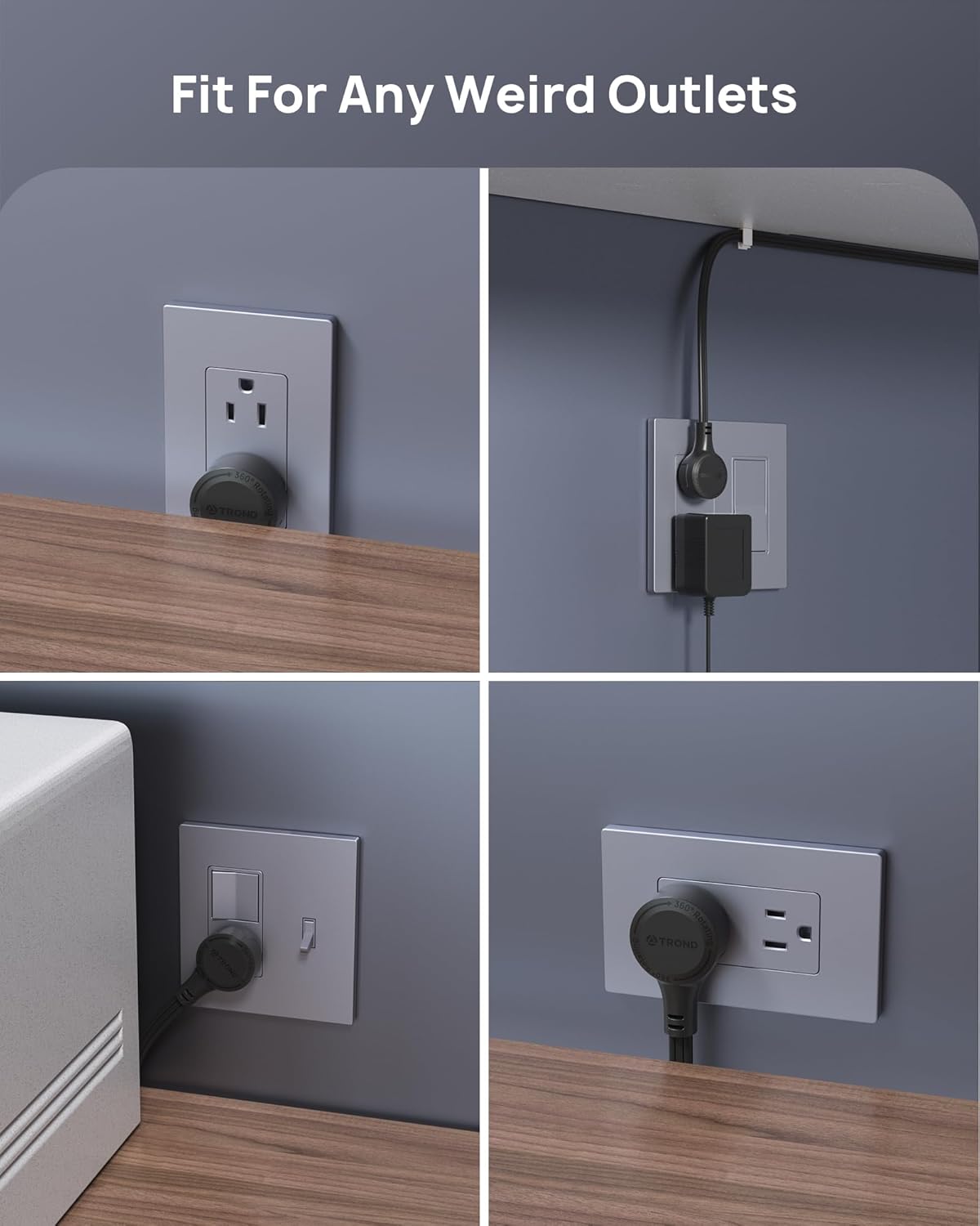 TROND 360° Rotating Flat Plug Extension Cord 1.5ft, Low Profile Small Power Strip, Three Side Grounded Outlet, 13A, Short SPT 16/3 Gauge Cable for Indoor Home Office Cruise Travel Essentials, Black