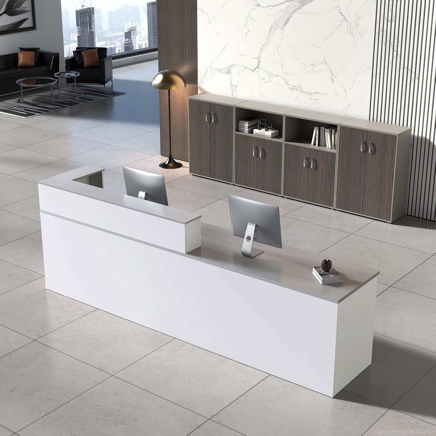 Reception Desk with Counter, Modern Front Desk Reception Counter with Keyboard Tray, Lockable Drawer and Storage Shelves for Office, Retail, Salon (White+Gray/Right, 71" L*24" W*39" H)