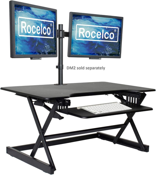 Rocelco 38" Large Height Adjustable Standing Desk Converter - Quick Sit Stand Up Dual Monitor Riser - Gas Spring Assist Tabletop Computer Workstation - Retractable Keyboard Tray - Black (R DADRB-38)