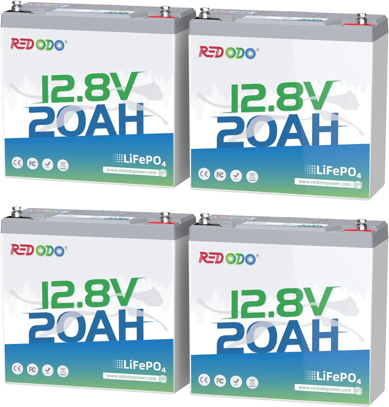 Redodo 12V 20Ah LiFePO4 Battery, 4000+ Deep Cycles Lithium Battery with 20A BMS, 256Wh Energy, Perfect for Kayak Finshfinder, Ice Fishing, GPS, Camping, 4 Pack