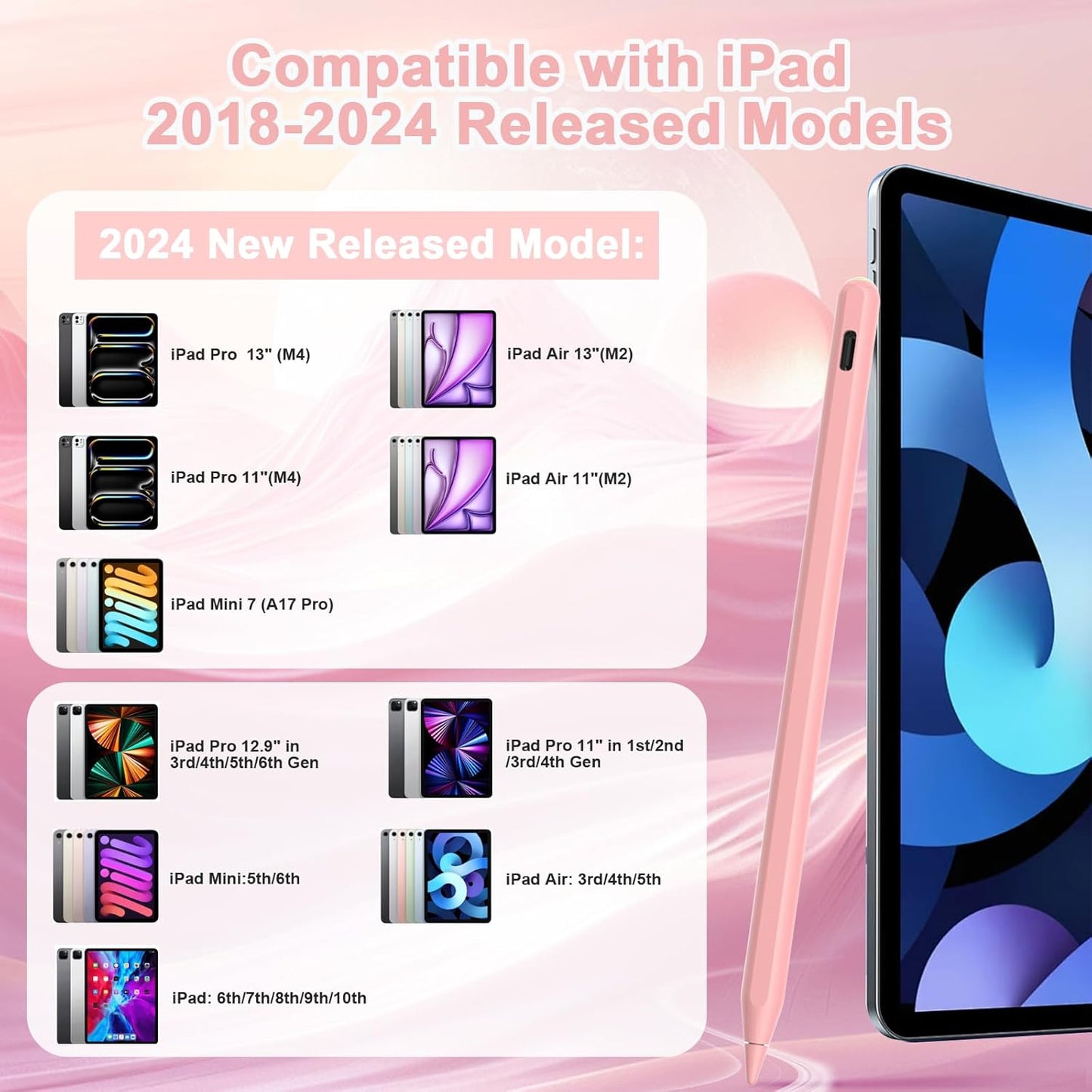 Pencil 2nd Generation for iPad 2018-2024 with Magnetic Wireless Charging Compatible with Apple iPad Pro 13”(M4)/12.9”/11”,iPad Air 6(M2)/5/4/3,iPad mini 7(A17 Pro)/6/5,iPad10/9/8/7/6 Pink