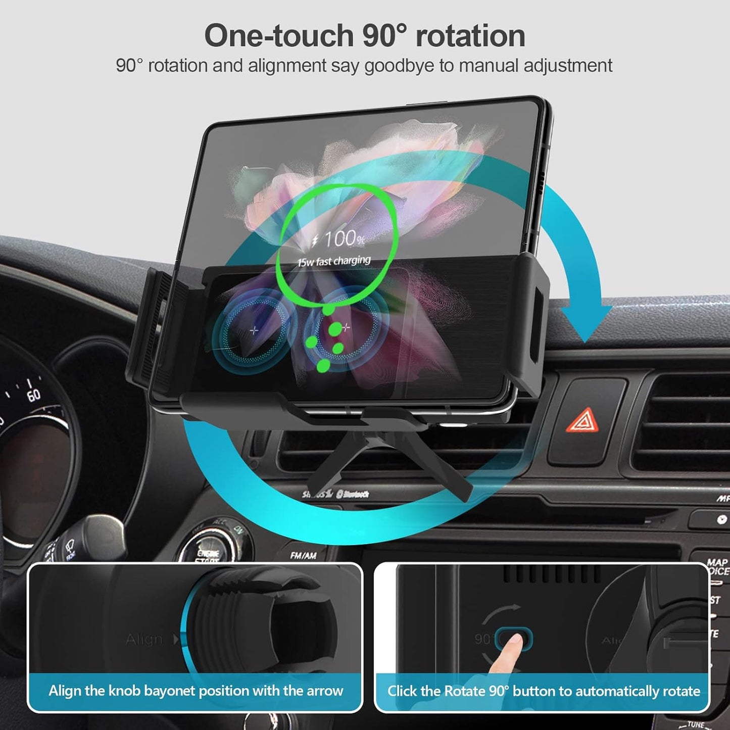 Wireless Car Charger for Z Fold 6/5/4/3, Dual Coil Cup Holder Phone Mount for Tesla, Fast Charging Auto Clamping Auto Rotation 90° Air Vent Mount for iPhone 16/15/14/13/12 Serie