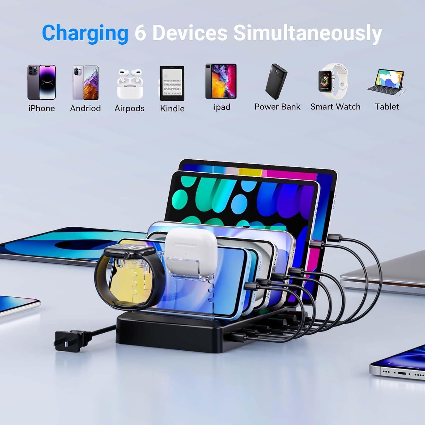 Catlyn Charging Station for Multiple Devices, 6-Port 90W Fast Charger Stations with 8 Mixed Charger Cables Organizer Dock,Compatible for Cell Phone