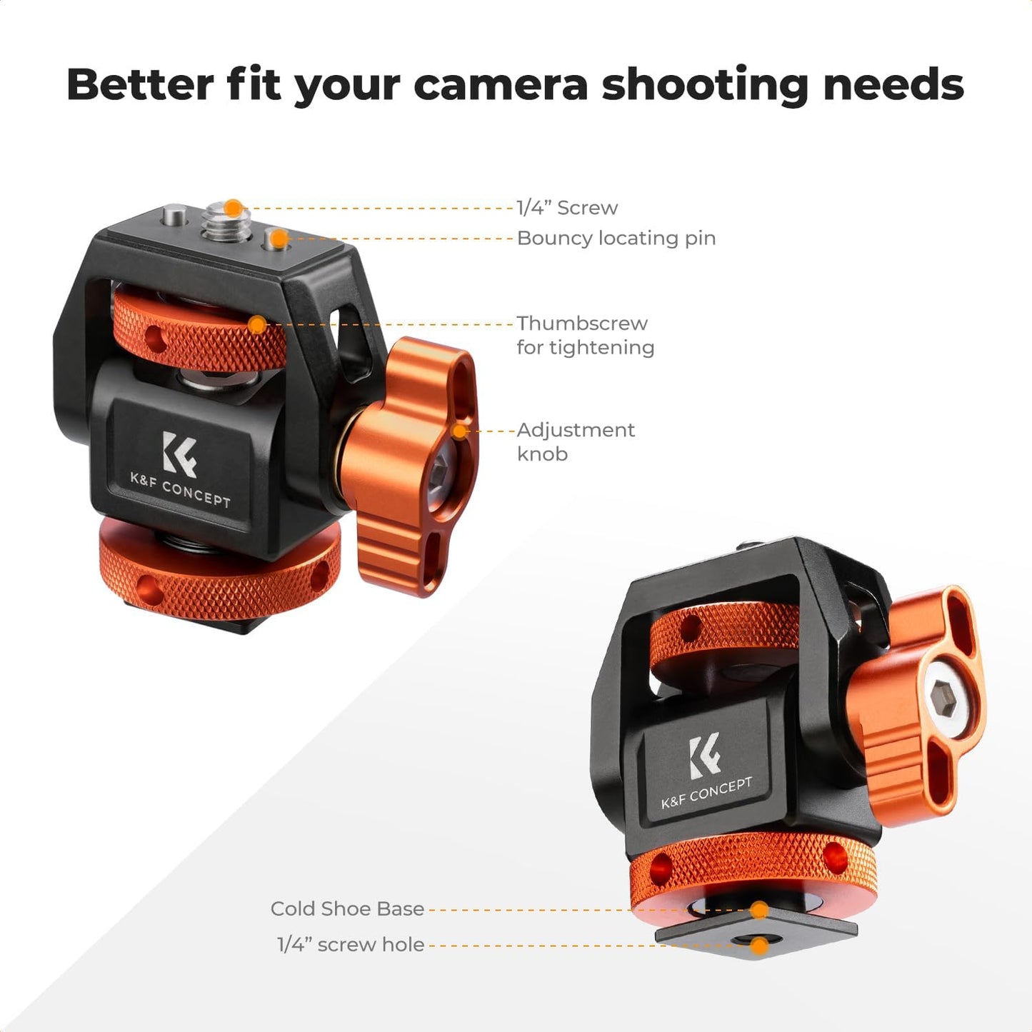 K&F Concept Adjustable Camera Monitor Mount, Aluminum Camera Mount 360° Swivel 180° Tilt with Cold Shoe 1/4" Screw ARRI Anti-Twist Design for 5" & 7" Field Monitor DSLR Action Camera