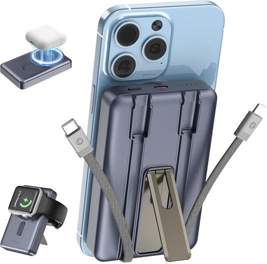 Wireless Portable Charger, 3-in-1 Magnetic Power Bank 10000mAh with USB-C and iOS Cable and Stand, 22.5W Fast Charging Battery Pack, Compatible with iPhone 16/15/14/13/12/Pro/Mini/Pro Max