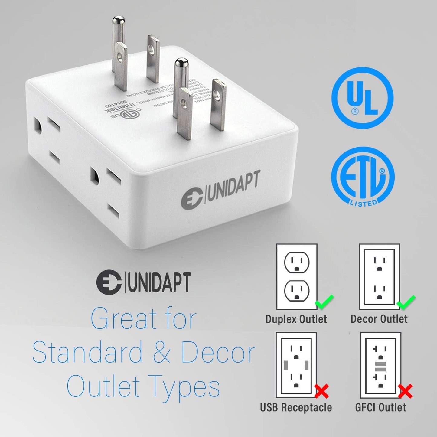 Multi Plug Outlet Splitter, Unidapt Multiple Outlets Extender Adapter with 6 AC Power Socket, Side Splitter Box, Wall Tap Plug Expander for Home Hotel Office Dorm Essentials, 2-Pack