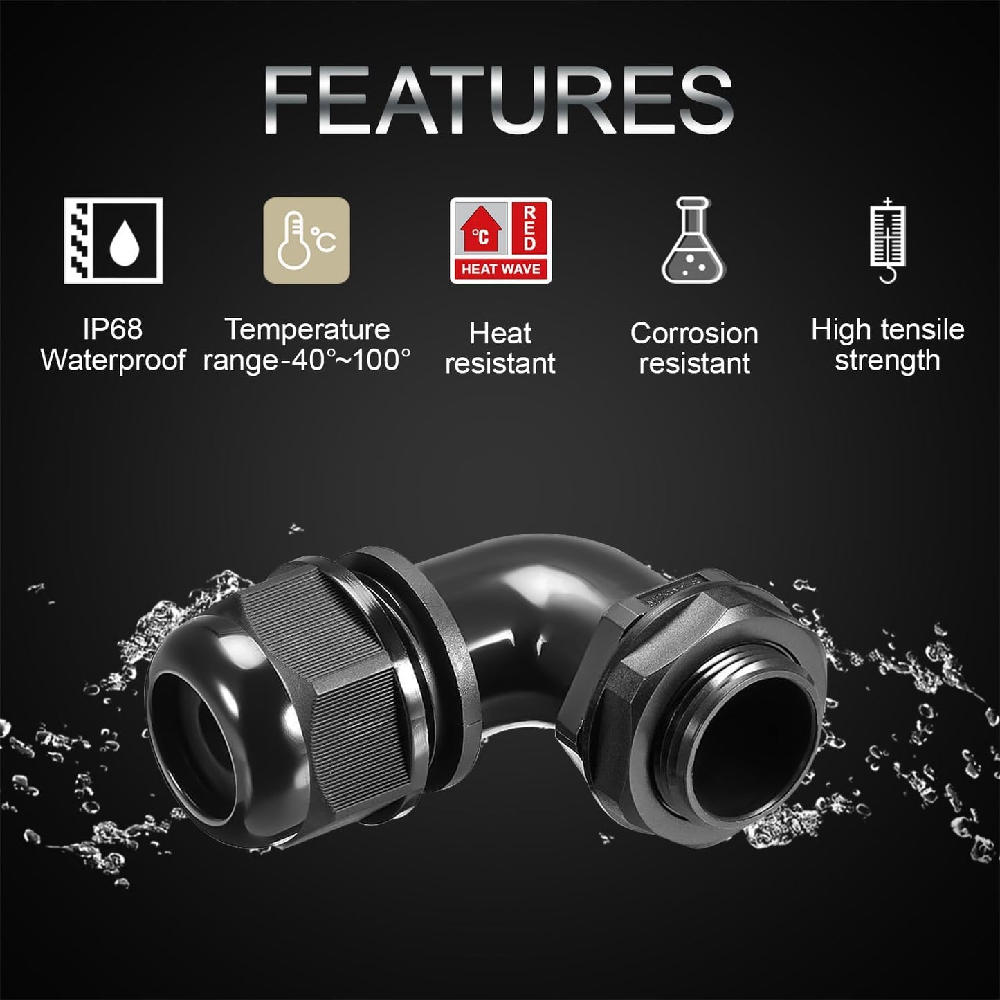 LeMotech M20 Cable Gland, 90 Degree Adjustable 9-14mm Strain Relief, Cord Connectors Nylon Joints with Gaskets, 2 Pcs, Black