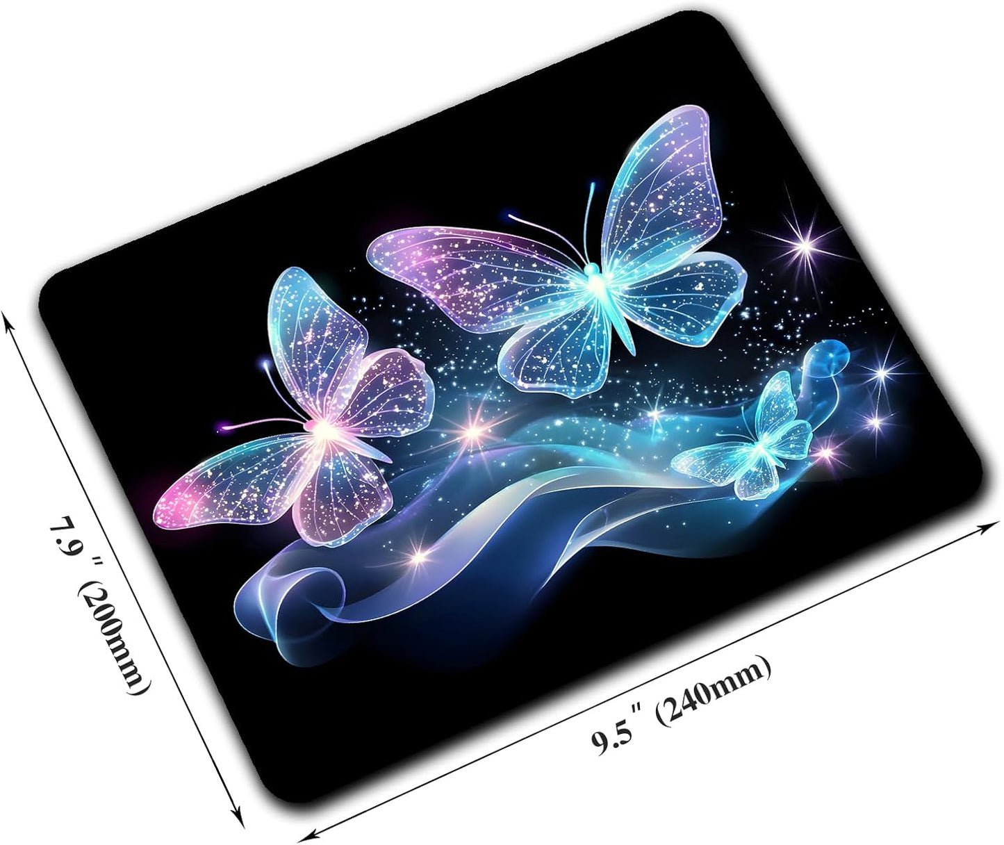 Blue Glitter Butterfly Mouse Pads for Desk, Portable Wireless Computer Mouse pad Small Design with Women, Non-Slip Rubber Base Laptop Mousepad 9.5" x 7.9" Smooth Surface for Office & Travel