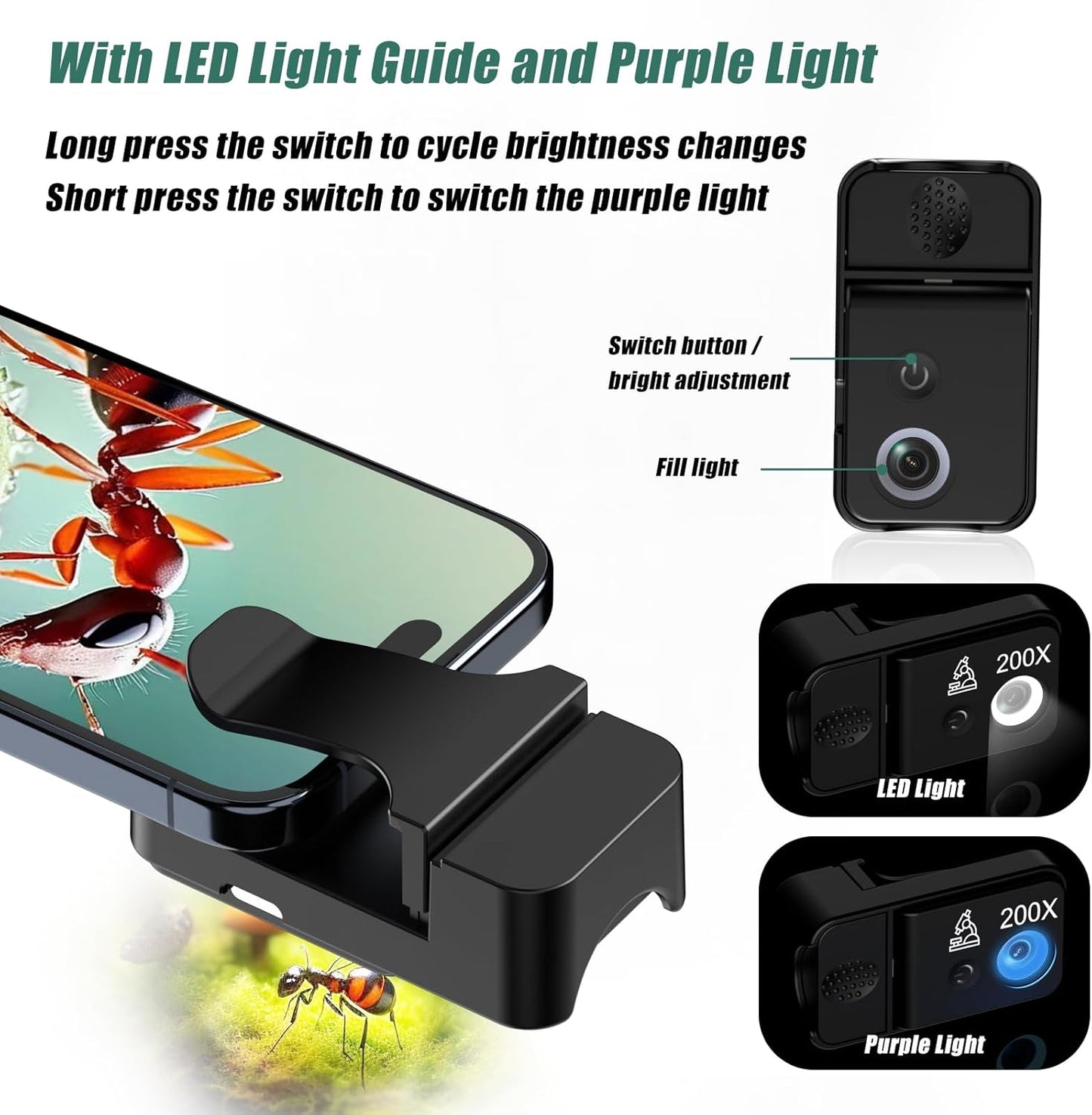 Phone Microscope 200X Pocket Magnifier Camera with CPL Lens/Lights, Zoom Universal Portable Phone Microscope with Clip for 99% Phone, Perfect for Coin/Stamp/Plant Inspection