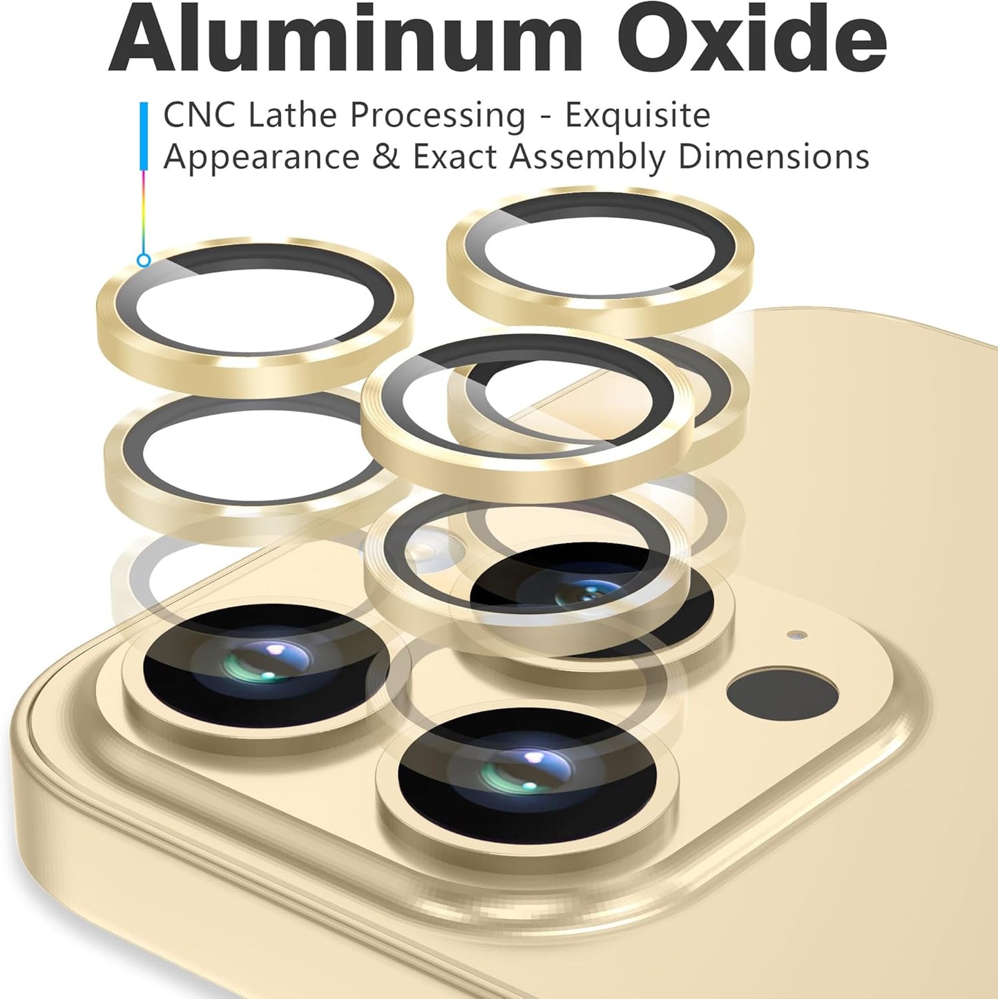 AGVEE 3+3 for iPhone 14 Pro 6.1" / 14 Pro Max 6.7" Camera Lens Protector, Brushed Metal Ring 9H Tempered HD Glass Camera Protector Cover Film, Gold