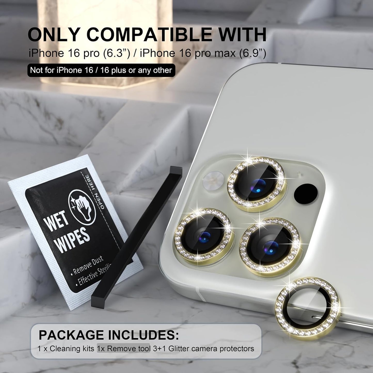 Choiche Compatible for iPhone 16 Pro/iPhone 16 Pro Max Camera Lens Protector Bling, 9H Tempered Glass Camera Cover Screen Protector Metal Ring Decoration Accessories (Diamond-Gold)