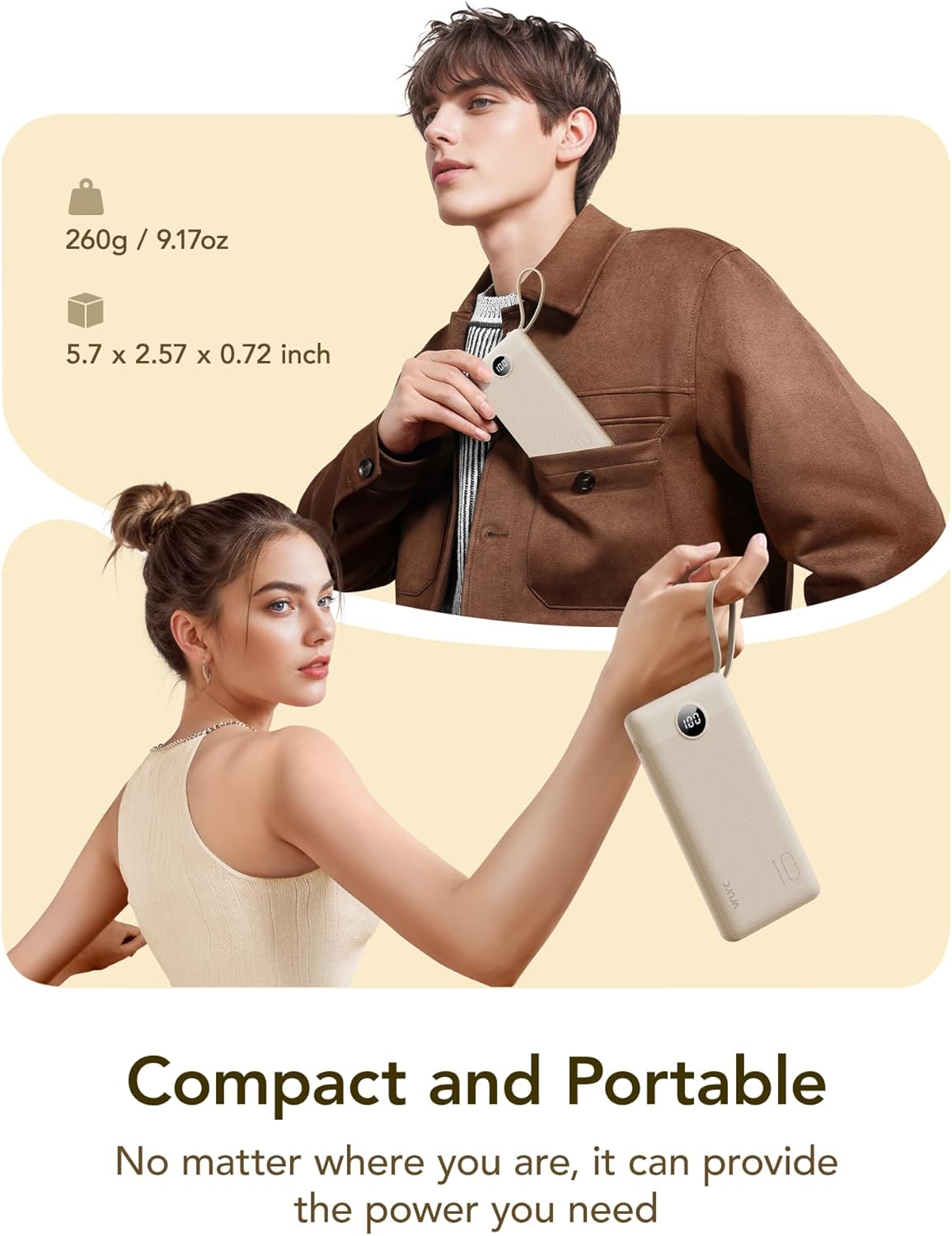 VRURC Portable Charger Power Bank,10000mAh Travel Essentials Battery Pack, 5 Outputs 2 Inputs Slim USB C Charging Bank Built-in Cables Cords Compatible with iPhone,Samsung,Android-Light Coffee(1 Pack)