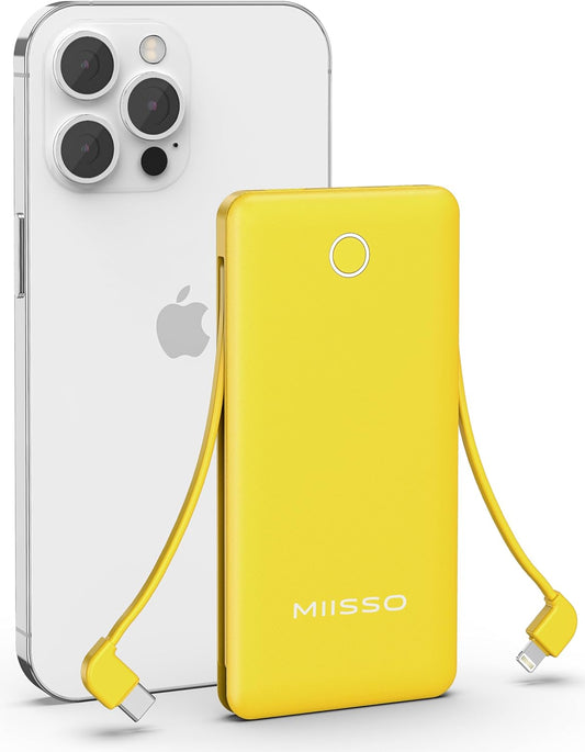 miisso 10000mAh Slim Portable Charger with Built in Cable, Power Bank Travel Charger External Battery Pack for Phone, 4 Output USB Type C Cord Clutch Charger Compatible with iPhone, Yellow