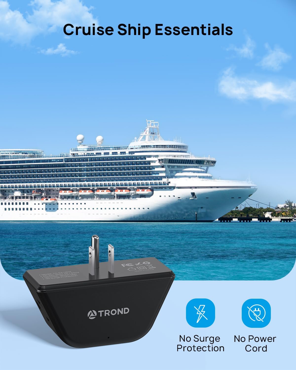 TROND 2 Pack Multi Plug Wall Outlet, 3 Way Angled Wall Outlet Extender, 3 Prong Plug Splitter, Cruise Essentials, Multiple Expander for Travel Home Hotel Dorm Room, Black