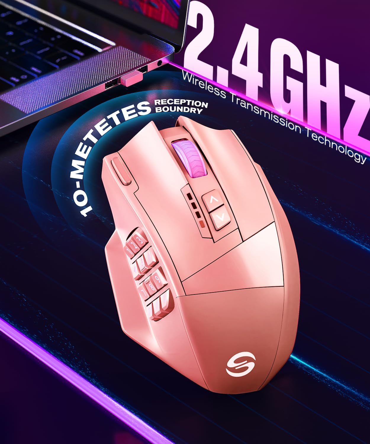 UtechSmart Venus Pro Wireless MMO Gaming Mouse, 16,000 DPI Optical Sensor, Wired/Wireless Dual Modes, 16M Chroma RGB Lighting, 16 Programmable Buttons, Ergonomic Design, Up to 70H, Pink