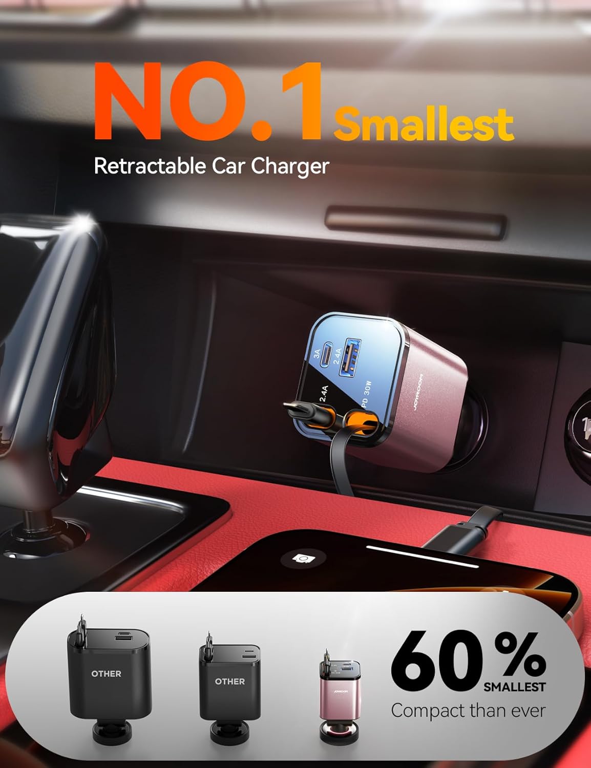 [2025 Upgrade] Retractable Car Charger 4 in 1 [69W Car Charger USB C] iPhone 16 Car Charger Fast Charging, Car Accessories, Car Phone Charger Adapter for iPhone 15 Pro Max, Pixel [Pink]