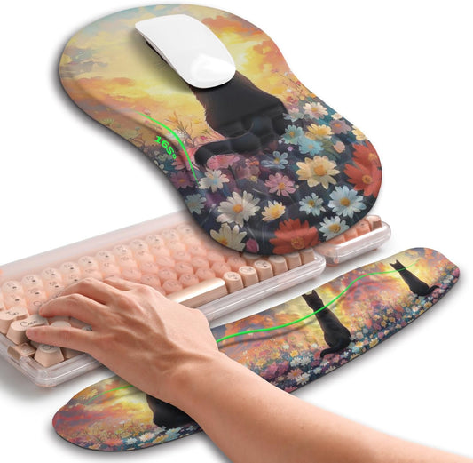 Hokafenle 2in1 Combination, Wave Keyboard Wrist Rest and Ergonomic Curvature Mouse Pad Wrist Support for Relieve Wrist Pain, Filled with Soft Cushion Memory Foam, Wishing Cat