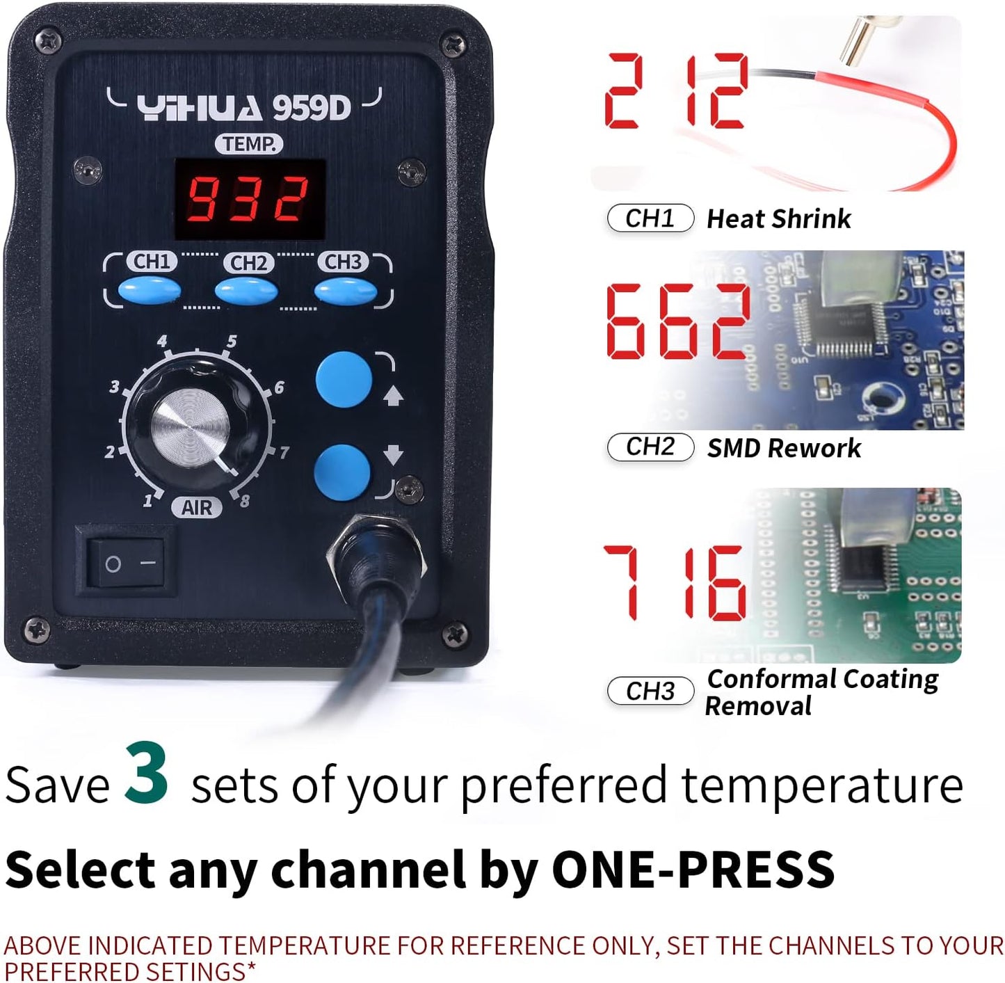 YIHUA 959D-Digital Hot Air Rework Station, High Power with 3 Memories, Airflow Efficiency, °F /°C Display, Accurate Temp.(212°F~932°F), Brushed Aluminum Panel & Safety Features