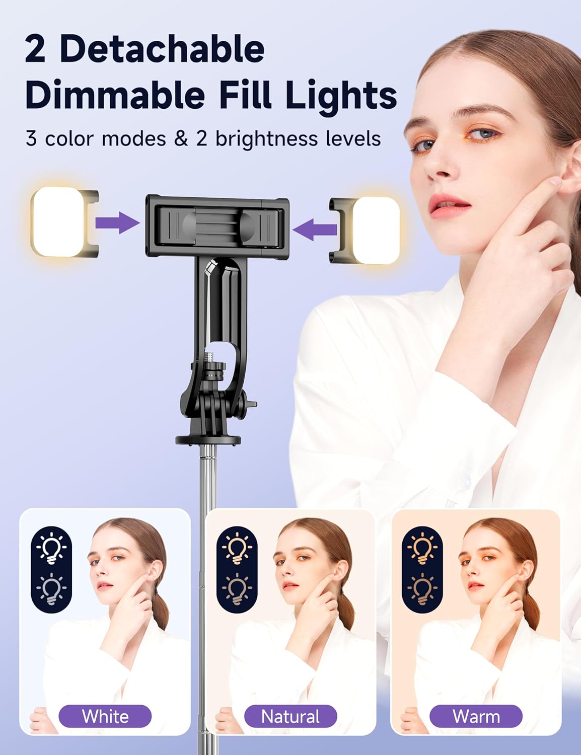 53'' Selfie Stick Tripod with Light, Extendable Selfie Stick with Remote, Portable Cell Phone Tripod Stand with All in 1 Phone Clip, Lightweight Camera Tripod Compatible with iPhone 15 14 13, Android