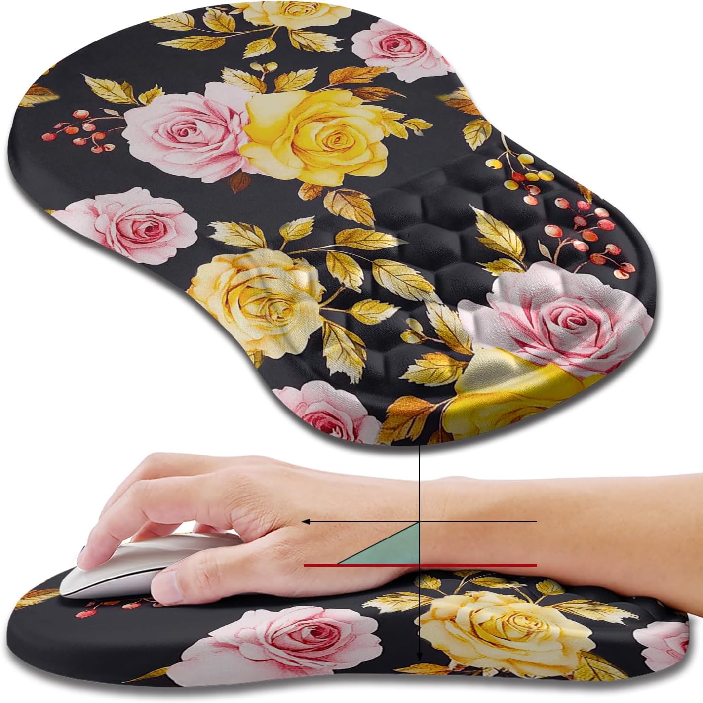 Hokafenle Ergonomic Mouse Pad Wrist Support, Wrist Rest Mousepad for Carpal Tunnel Pain Relief with Integrated Memory Foam Slope Massage Bulge (11.8x7.9 inch,Golden Powder Flower