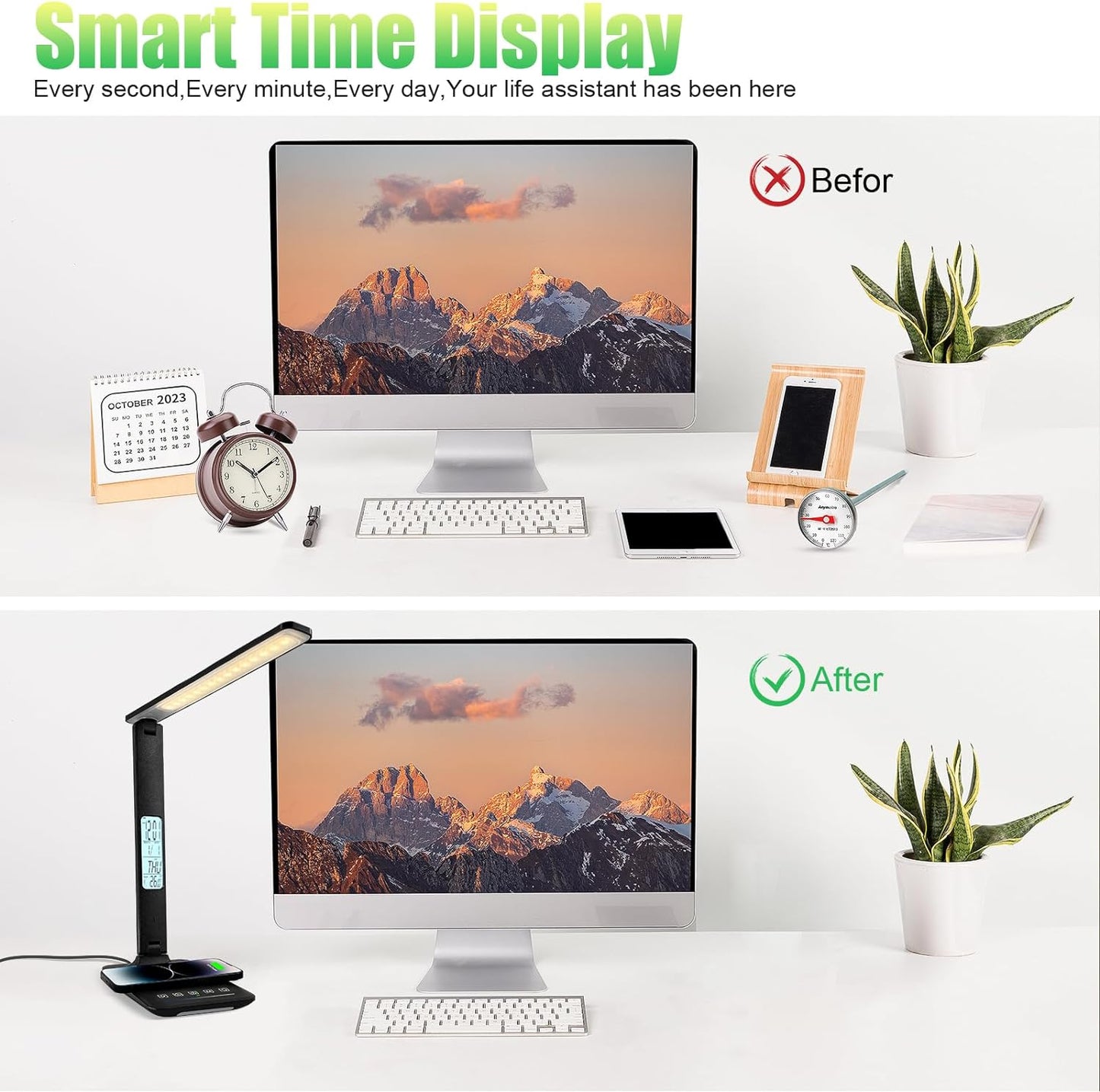 Desk Lamp with Wireless Charger，USB Charging Port, Dimmable Office Desk Light with Clock, Alarm, Date, Temperature, Foldable Lamp for Table Bedroom Bedside Office (Black Pro, Standard Size-13.3 inch)