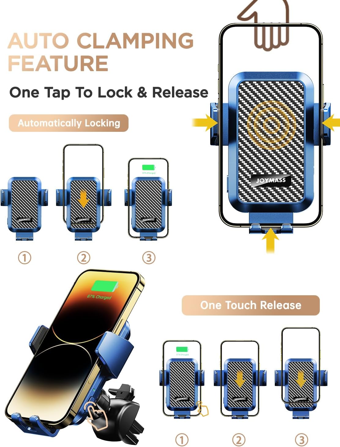 Wireless Car Charger, JOYMASS 15W Fast Charging Auto Clamping Car Charger Cell Phone Holder Mount Vent for iPhone 15 14 13 12 Mini Pro Max, Samsung Galaxy S24 Ultra S23 S22 S21+ Note 20, etc - Blue