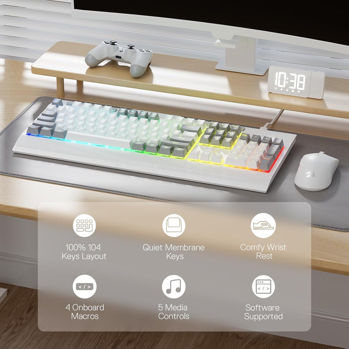 Redragon K525 RGB Backlit 104 Keys Wired Membrane Gaming Keyboard w/ 5 Multimedia Keys & 4 Extra On-Board Macro Keys, Dedicated Media Control, Ergonomic Wrist Rest, Linear Mechanical-Feel Switch