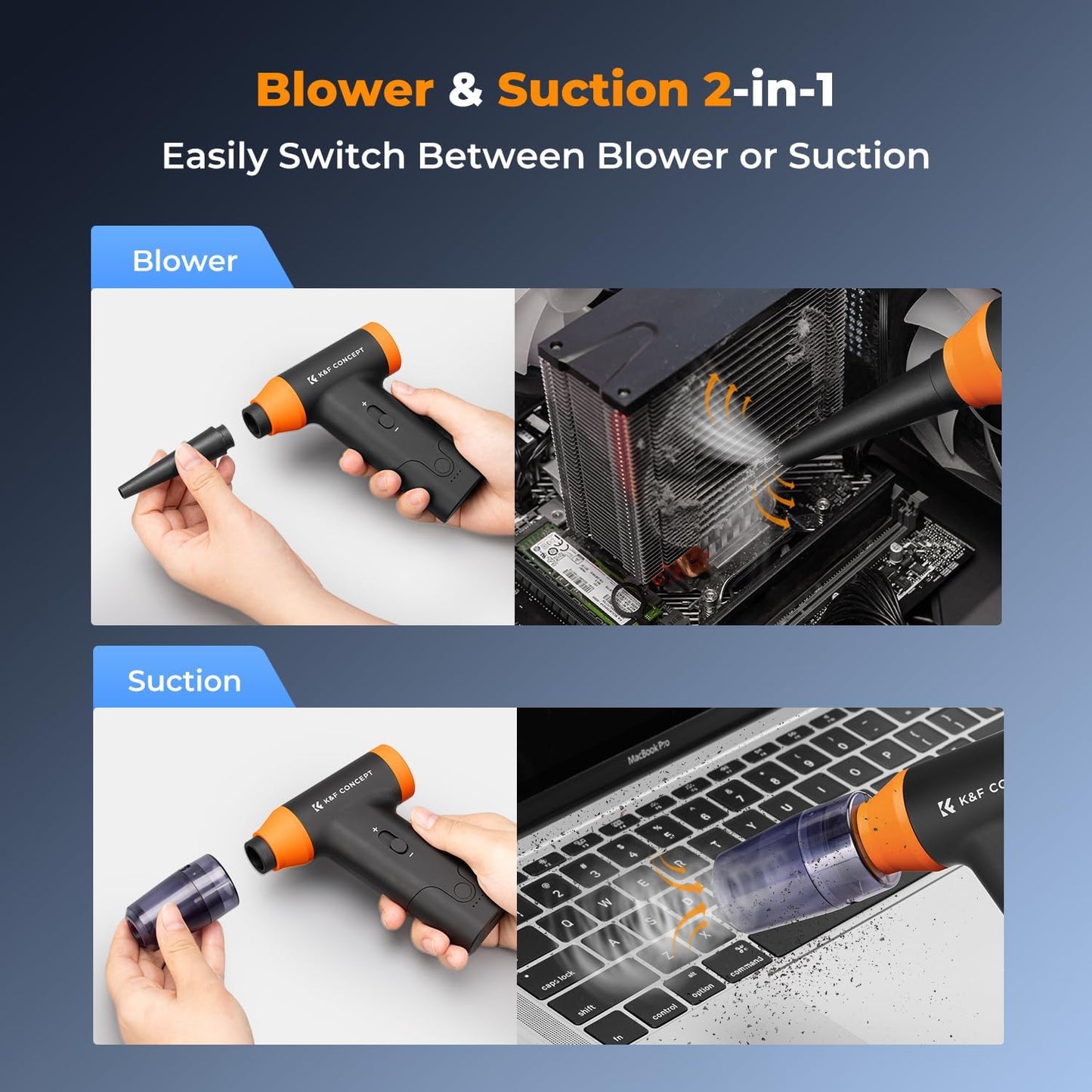 K&F CONCEPT Blower & Suction 2 in 1 Compressed Air Duster, with LED Light,150000RPM Electric Air Duster, 3 Gear Adjustable&Portable, Dust Blower for Computer, Keyboard, House, Outdoor and Car