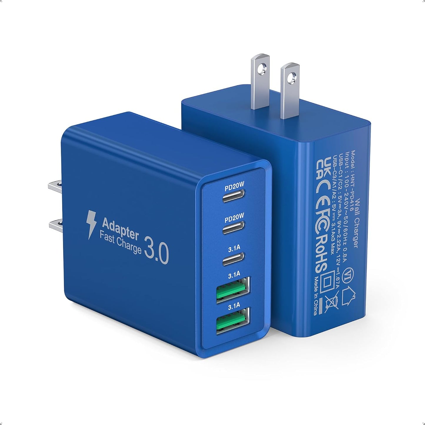 50W USB C Fast Charger Cube,2 Pack PD+QC Charging Block Power Adapter 5 Port Wall Mount Plug for iPhone 16 15 14 13 12, Motorola, LG, Google Pixel 6a/6 Pro/6/5a/5/4/4A Box Brick (Dark Blue)