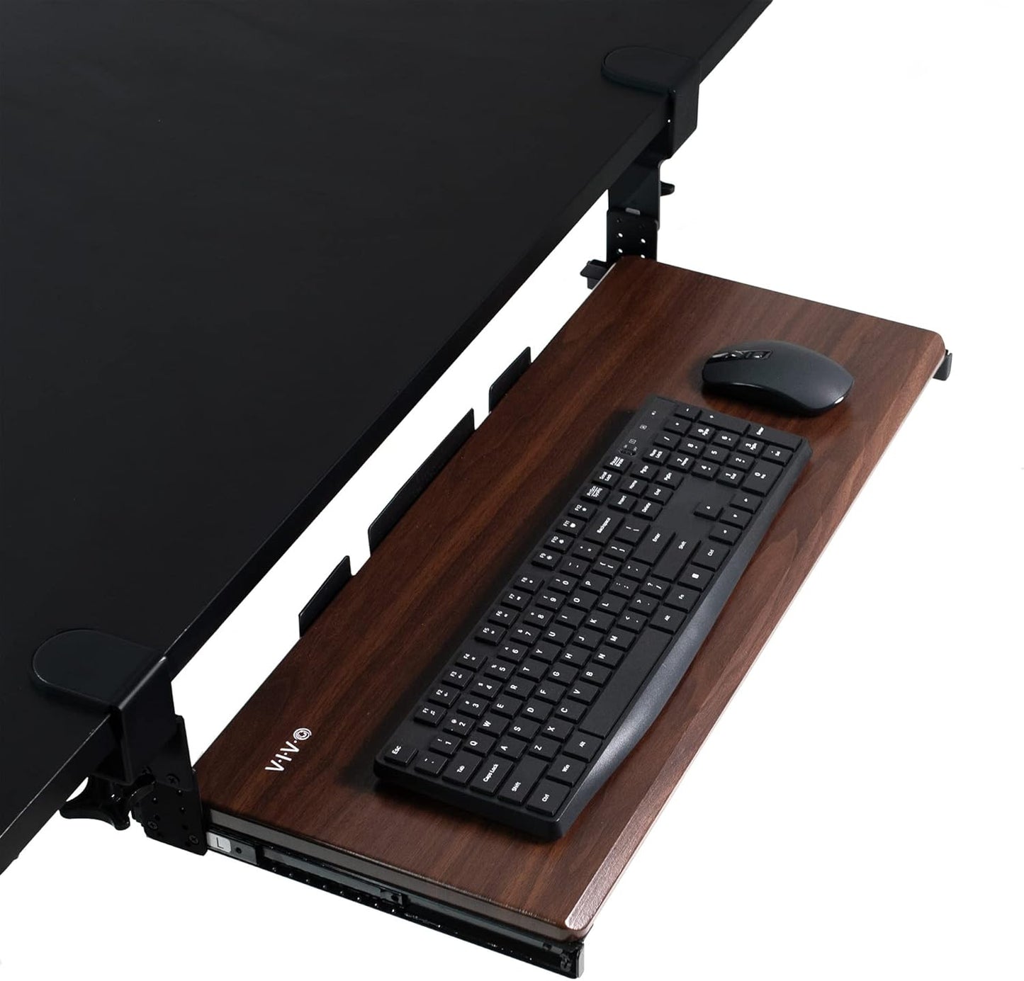 VIVO Large Height Adjustable Under Desk Keyboard Tray, C-clamp Mount System, 27 (33 Including Clamps) x 11 inch Slide-Out Platform Computer Drawer for Typing, Dark Walnut, MOUNT-KB05HD