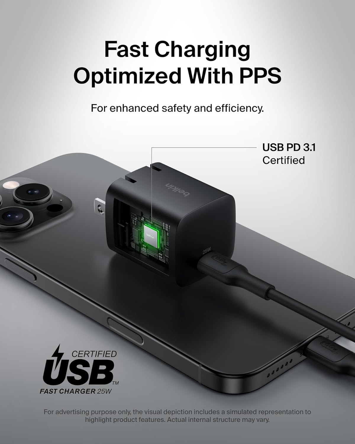 Belkin USB C Charger Block 25W - USB C Cable Included – PD3.0 PPS Fast Charging for Samsung Galaxy S25, S24, S23, Apple iPhone 16, iPhone 15/14/13 Pro, Google Pixel 9, Nintendo Switch, etc - Black