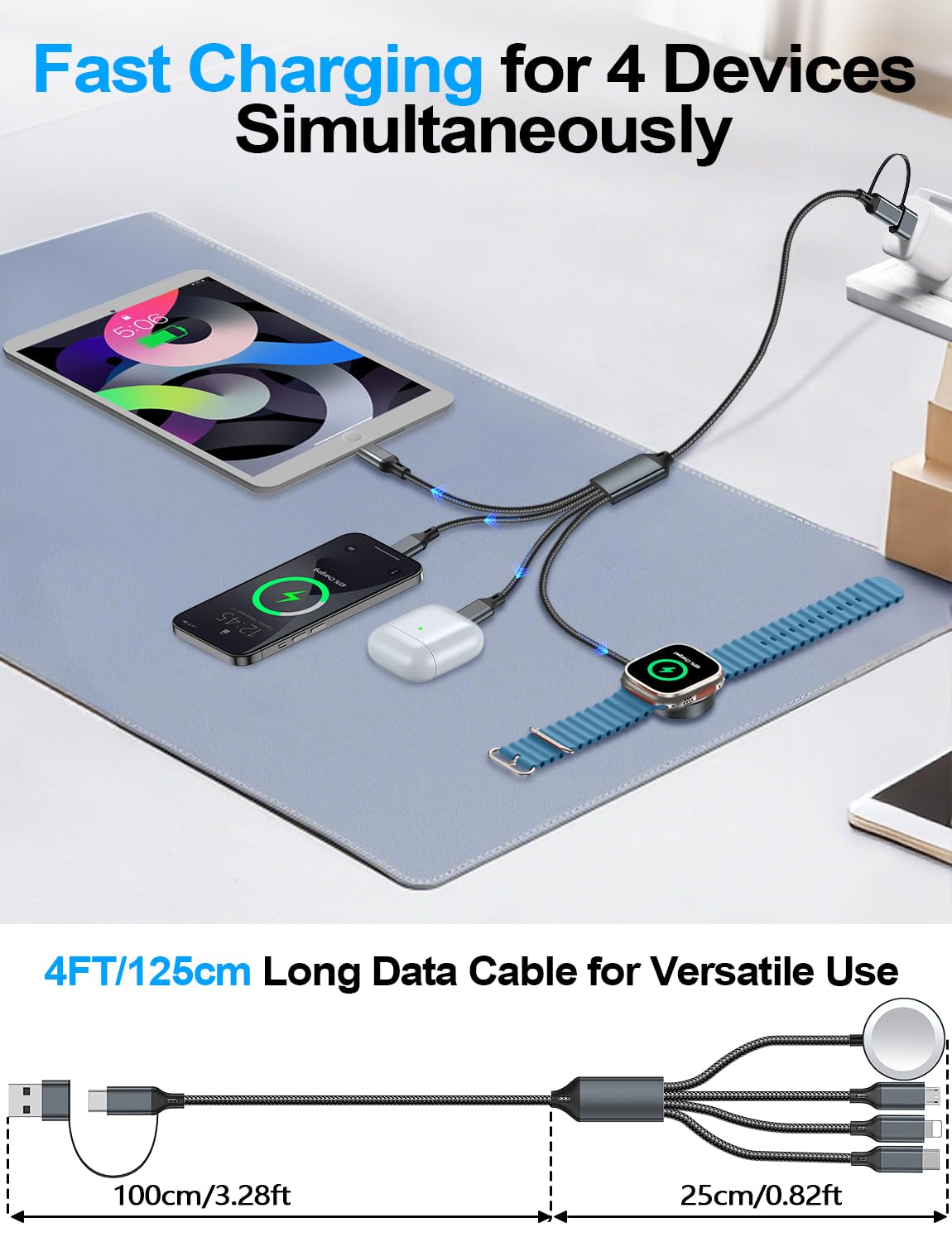 4-in-2 Multi Charging Cable for Apple Watch Charger/Samsung/iPhone Charger,Car/Office/Camping/Travel Essentials,Type C Cable Cord for iWatch Ultra/10-2/iPhone 16-11/Samsung S25-S20,iPad,airPods-Black