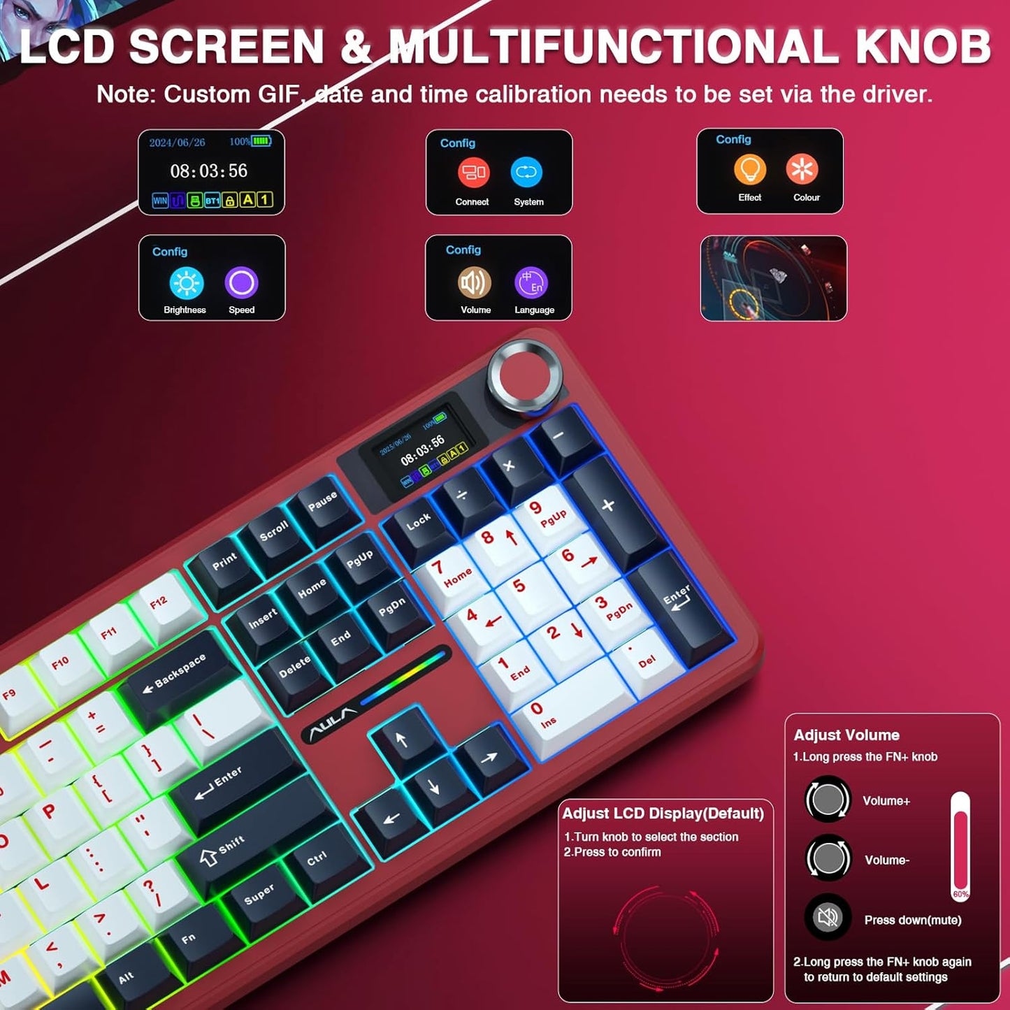 AULA F108 PRO - Wireless Mechanical Keyboard with Screen&Knob,Hot Swappable Gaming Keyboard with 8000mAh Battery,Pre-lubed Switches,RGB Backlit,PBT Keycaps Creamy Sounding Computer Keyboards,104 Keys