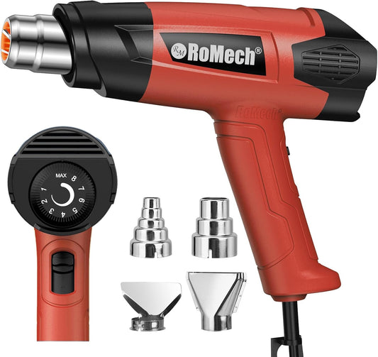 ROMECH 1500W Heavy Duty Heat Gun, Variable Temperature Control Hot Air Gun Kit with 2 Air Flow 120°F~1200°F and 4 Nozzles for Crafts Shrink Wrap (Red)