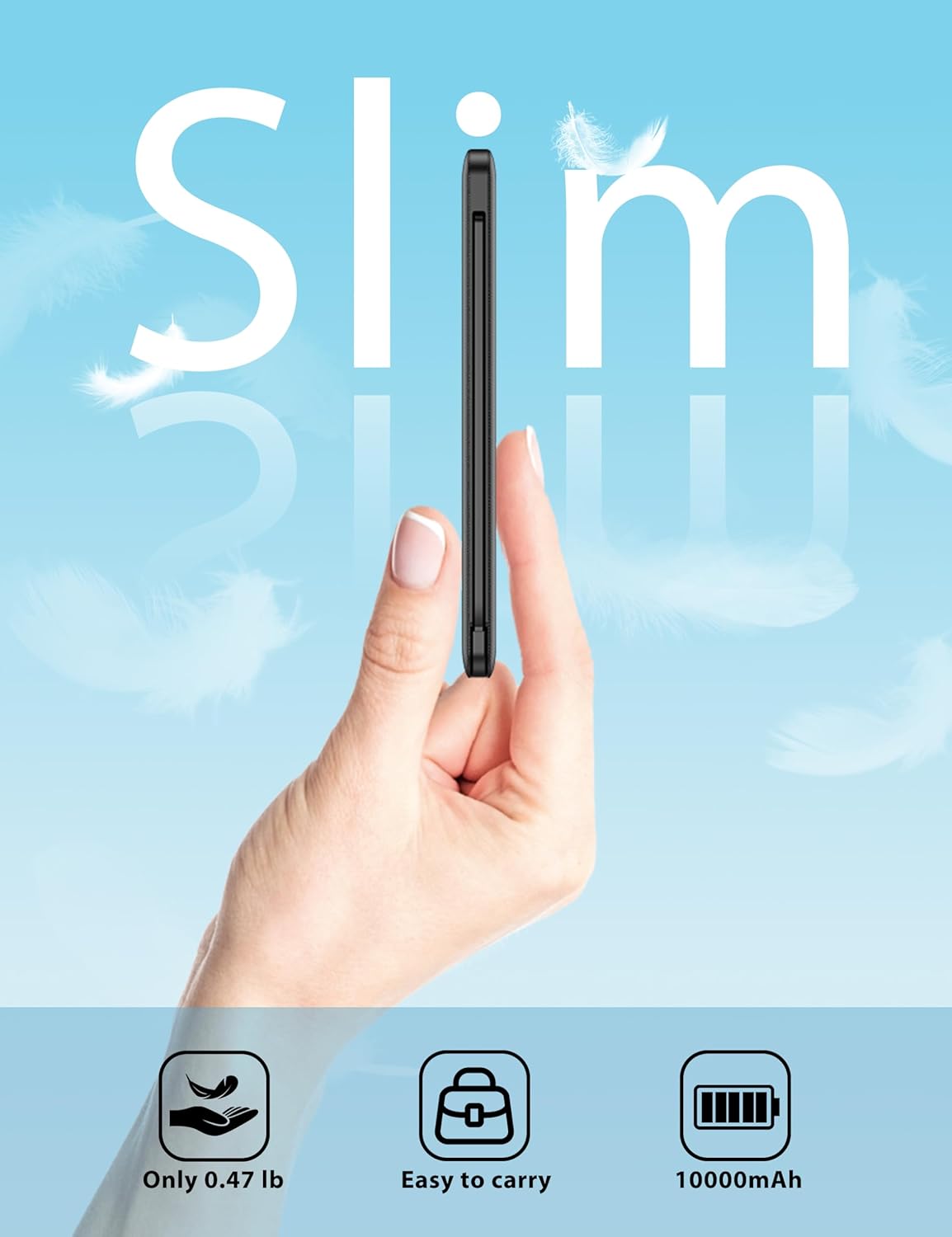 10000mAh Slim Portable Charger with Built in Cable, Power Bank Travel Charger External Battery Pack for Phone, 4 Output USB Type C Cord Clutch Charger Compatible with iPhone, 2 Pack Black & Pink