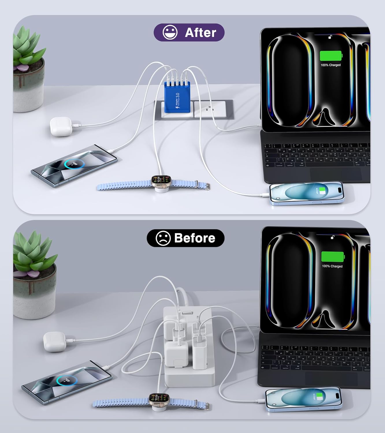 50W USB C Fast Charger Cube,2 Pack PD+QC Charging Block Power Adapter 5 Port Wall Mount Plug for iPhone 16 15 14 13 12, Motorola, LG, Google Pixel 6a/6 Pro/6/5a/5/4/4A Box Brick (Dark Blue)