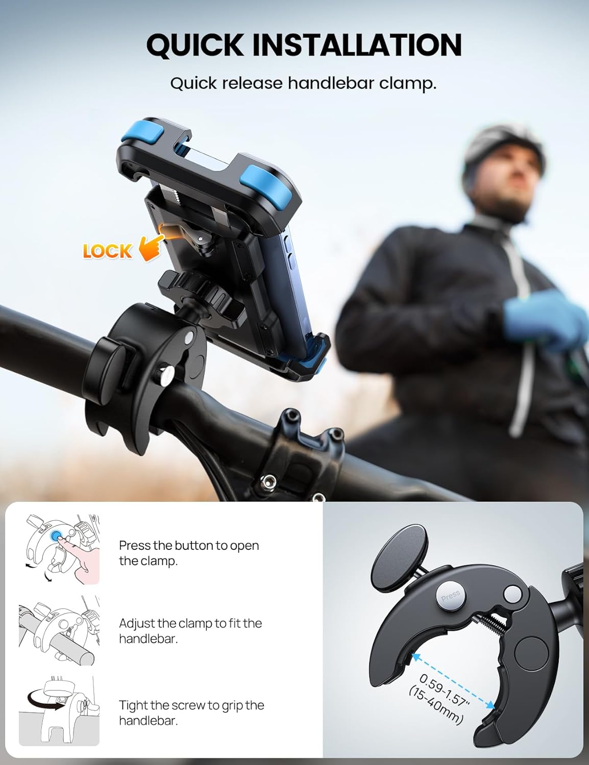 Lamicall Motorcycle Bike Phone Mount - Upgrade Quick Install Handlebar Holder Clip for Bicycle Scooter, Cell Phone Clamp for iPhone 15 14 13 Pro Max, Galaxy S24 and More 4.7-6.8" Phone, Blue