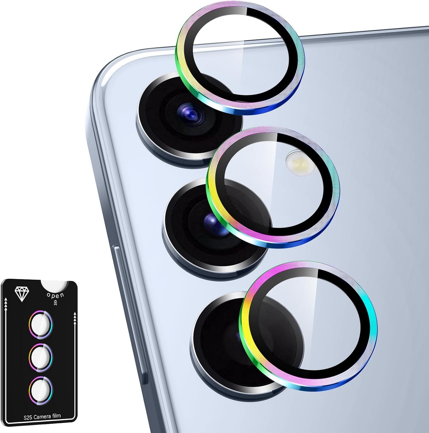 for Samsung Galaxy S25 Camera Lens Protector, Individual Metal Ring Tempered Glass Lens Cover, [Strong Adsorption] Scratch Resistant Ultra-Thin HD Clear Lens Cover, 1 Set-Colorful