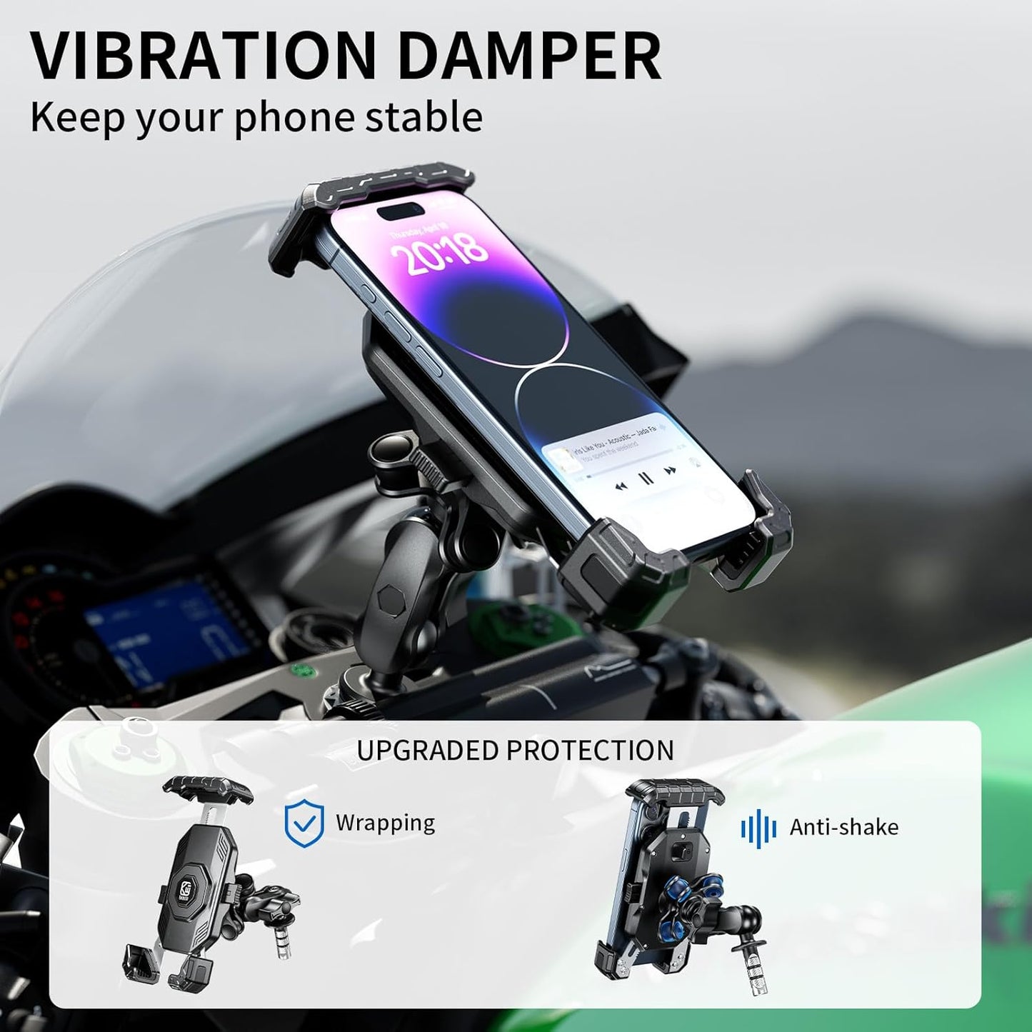 Kewig Motorcycle Fork Stem Phone Mount Holer with Vibration Dampener, [No Scratches Camera] Anti-Theft Motorcycle Cell Phone Holder, Fits for Fork Stem Tubes 12-25.4mm in Diameter, for 5.5-7.2" Phone